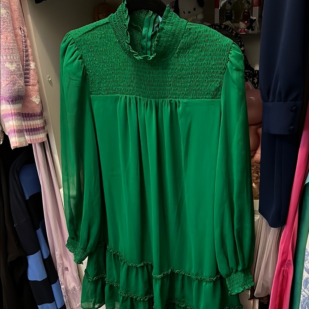 Green Smocked High-Neck Dress